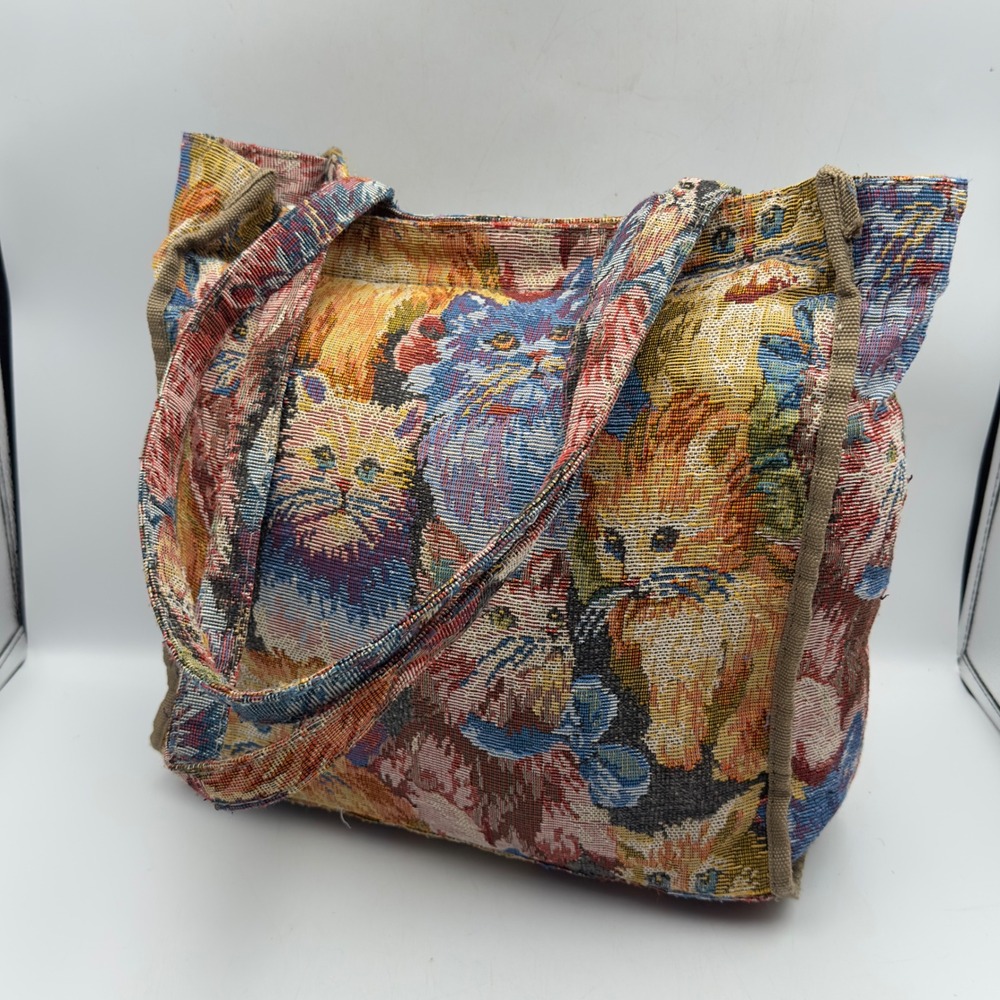 Cat Tapestry Tote Bag Multicolor Woven Feline Print Vintage Cottagecore